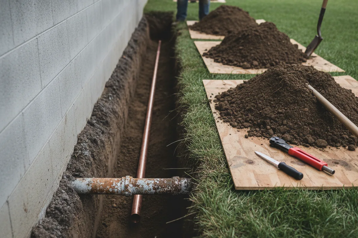 Excavated water line trench during Water Softener Installation in New Washington